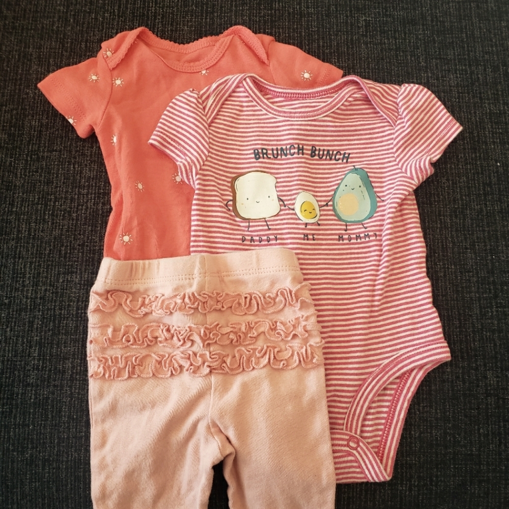2 onesies, 1 pair ruffle pants